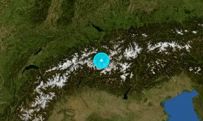 130 km NNW of Brescia, Italy